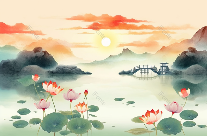 中国复古彩色荷花塘中盛开的荷花,插画/手绘图,插画/手绘图库,插画/手绘图下载,插画/手绘